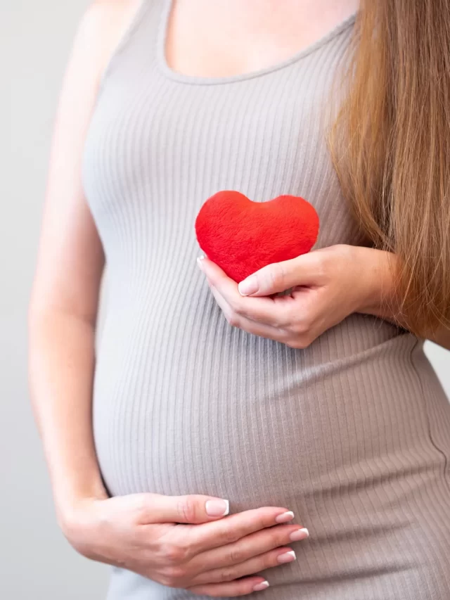 cropped-shot-pregnant-woman-wearing-tight-dress-hold-soft-red-heart-gray-background
